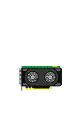 Realistic Flat Vector Icon of GPU Graphics Card Monoline Style in Black, Green, and Silver Colors on White Background.