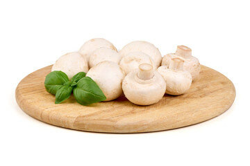 Mushrooms, Basil, on Wooden Board, isolated on white background