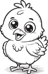 Obraz premium Adorable line art illustration depicting a cute cartoon chicken chick with big eyes and happy expression standing proudly