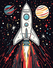 Space rocket vector illustration of a cartoon spaceship launching towards the moon under a starry night sky