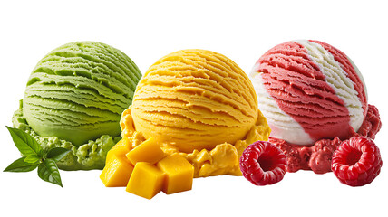 Ice cream scoops with mango mint and raspberry isolated on white background
