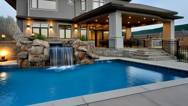Luxury home with stunning outdoor pool, waterfall feature, and scenic mountain views in the evening light
