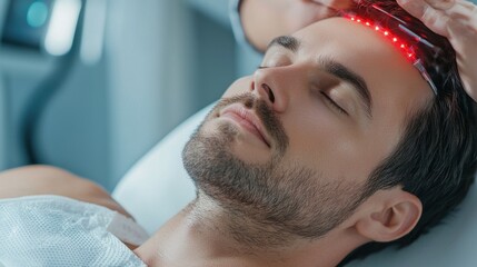 Fototapeta premium A patient lying on a medical table while receiving low-level laser therapy LLLT treatment, a non-invasive medical procedure using low-intensity light to promote healing and pain relief.