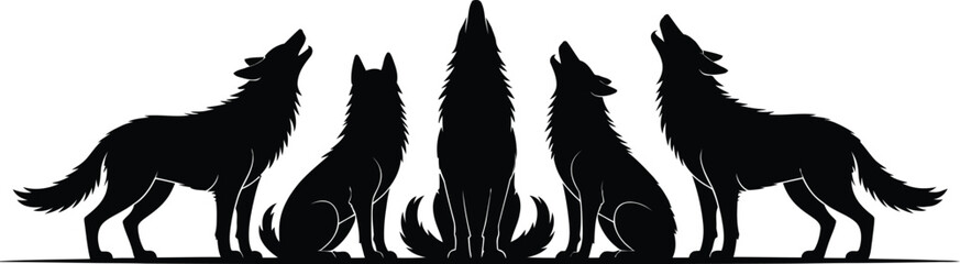 Obraz premium Silhouette of five wolves howling at the moon on a white background