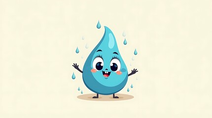 Cartoon water droplet vector: Playful illustration with large eyes, a smile, and bright colors for children's books.