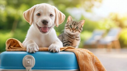 An energetic and playful Labrador retriever puppy with its paws resting on a suitcase, as if eager to embark on a new adventure.