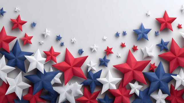 4th of July banner: Red blue white star confetti decorations on white background. Top view flat lay with copy space. USA Independence Day celebration, patriotic party, national holiday.