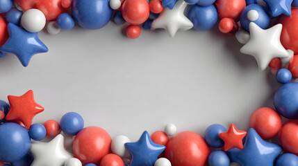 Obraz premium 4th of July banner: Red blue white star balloons on white background. Top view flat lay with copy space. USA Independence Day celebration, patriotic party, national holiday.