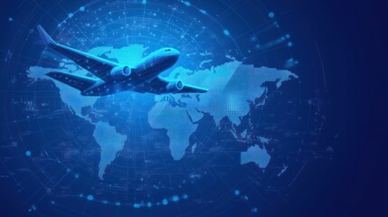 Obraz premium Airplane soaring over a global network map