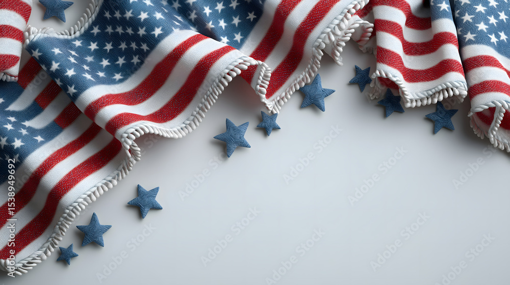 Fototapete folded usa flags and patriotic decorative elements corner frame with ribbons and stars. clean backgr