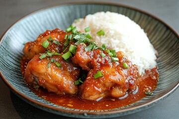 Sweet and sour chili sauce chicken with rice in a plate