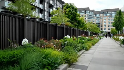 Beautiful urban walkway lined with vibrant flowers and greenery in a modern neighborhood
