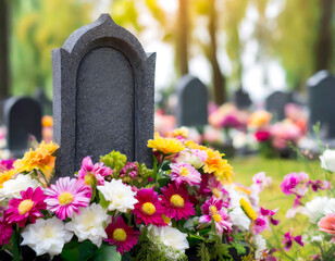 A cemetery with a black headstone and a colorful flower arrangement on top. The flowers are a mix of pink, yellow, and white, and they are arranged in a way that creates a sense of peace and serenity