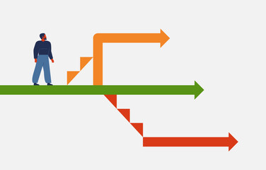 Man choosing the personal career path. Male finding route for achievement business target. Person makes to decision for success, discovering new opportunity. Vector illustration