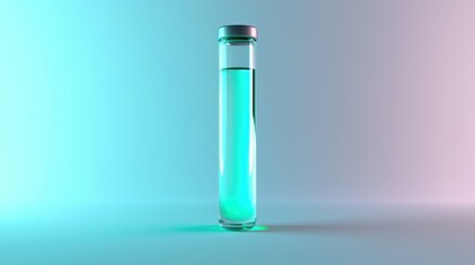 Test tube filled with turquoise liquid illuminated by soft colorful light in a laboratory setting