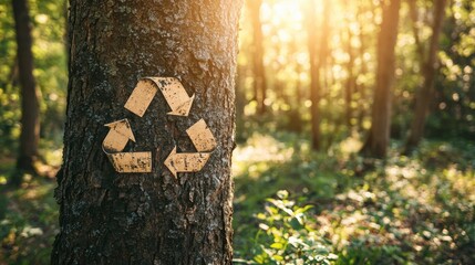 Recycling symbol on tree trunk in a sunlit forest promoting environmental awareness and sustainability efforts