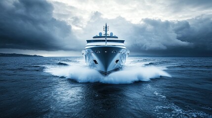 Luxury Yacht Moving Through Ocean Water Under Stormy Sky