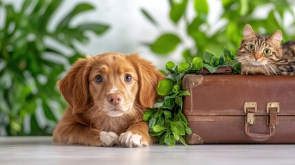 A playful Labrador puppy with a fluffy, golden coat is curiously peeking out from the open lid of a suitcase, while a relaxed cat rests nearby, creating a cozy and heartwarming scene.
