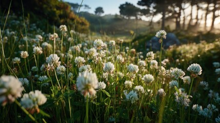 Fototapeta premium Morning light illuminates a lush field of blooming white clover surrounded by a tranquil forest, creating a peaceful atmosphere in nature.