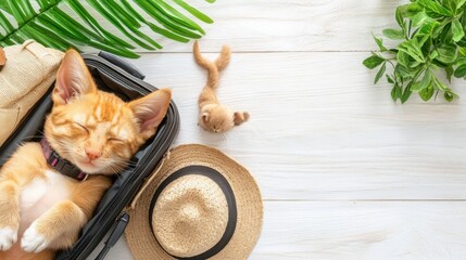 A soft, fluffy puppy resting peacefully inside an open suitcase, while a content cat stretches out next to it in a cozy, indoor setting.