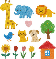 Obraz premium Cute Crayon Animal Sketches for Kids – Lion, Cat, Dog, Elephant, Giraffe with Hearts