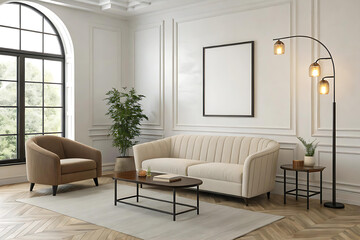 Fototapeta premium Elegant living room with beige sofa and arched floor lamp