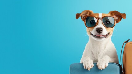 A playful puppy wearing oversized sunglasses sits next to a square cardboard box, creating a humorous and charming scene.