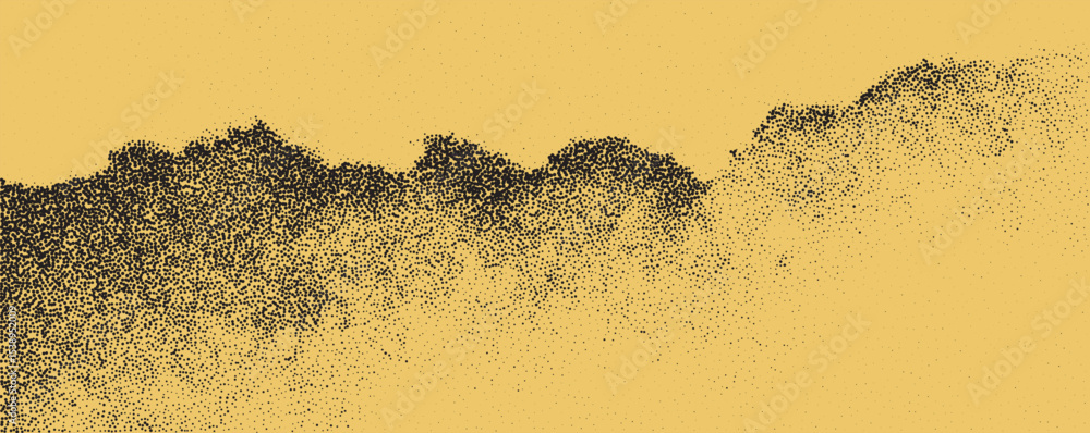 Poster black speckled texture against a yellow background creating an abstract mountain range impression