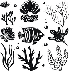 Fototapeta premium Underwater Life Set: A collection of black and white illustrations featuring various sea creatures and underwater plants, perfect for marine-themed projects.