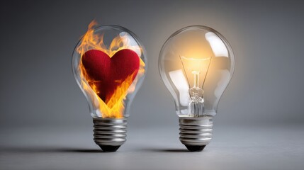 Symbolic image of a female heart as a flaming torch of passion, male heart as a glowing lightbulb of logic, visual metaphor