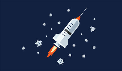 Rocket-Shaped Syringe Launching into Space, Fighting Viruses
