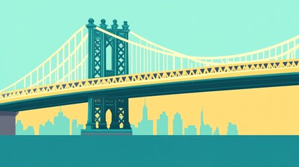 Flat illustration of a bridge over water, cityscape silhouettes
