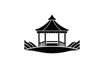 Gazebo silhouette on hill black and white illustration