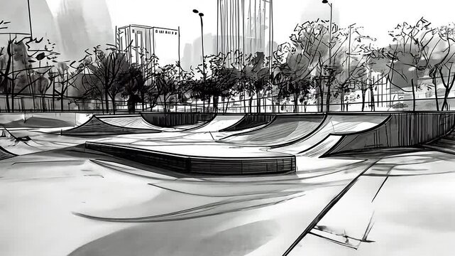 Urban skate park scene with ramps and trees, showcasing skaters in action against a city backdrop