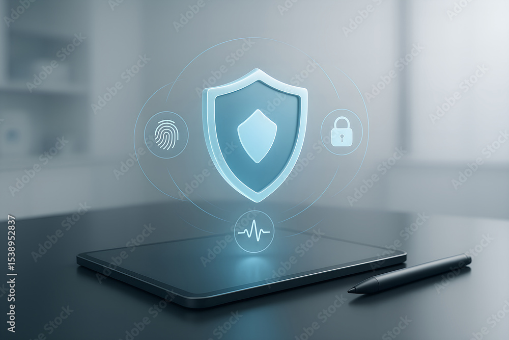 Aufkleber digital security concept with shield and data protection symbols on a tablet in a modern office sett