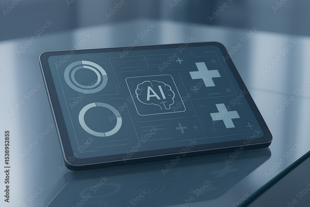 Poster futuristic ai tablet displaying healthcare data and medical symbols in a modern digital interface fo