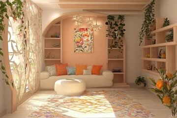 Interior of light living room with sofa, shelving units and artificial plants