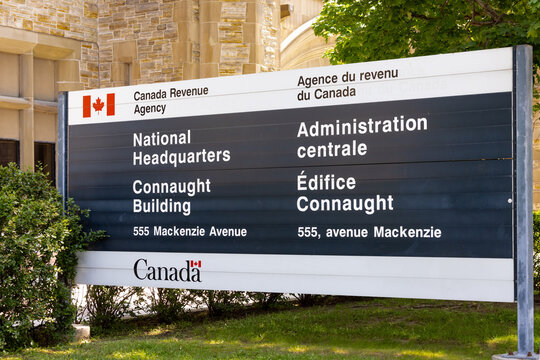 Ottawa Canada, June 14, 2025; The CRA, Canada Revenue Agency National tax headquarters sign in Ottawa