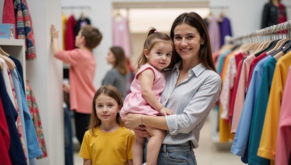 A mother shopping for clothes with her kids at a retail establishment