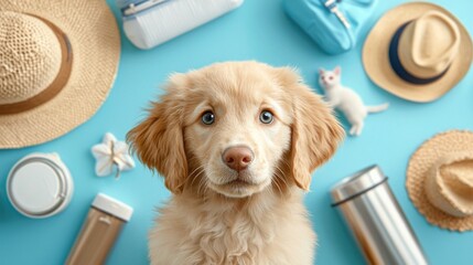 A cozy and peaceful scene of a golden retriever puppy and a cat resting together, surrounded by travel-themed items like a suitcase and globe, creating a sense of adventure and