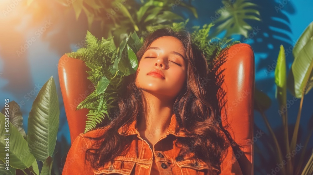 Poster relaxing moment in a lush green setting with sunny vibes and tranquility