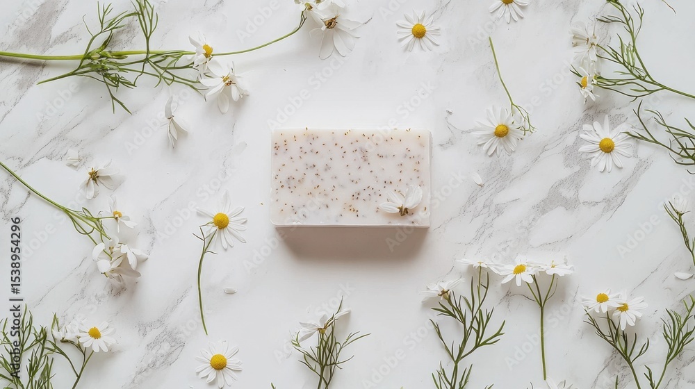 Poster natural soap bar surrounded by daisies on a marble surface in soft lighting, creating a serene and f