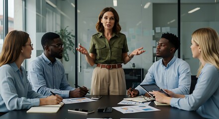 Female Executive CEO Leading a Strategic Planning Session with a Diverse Team in a Modern Corporate Boardroom.
