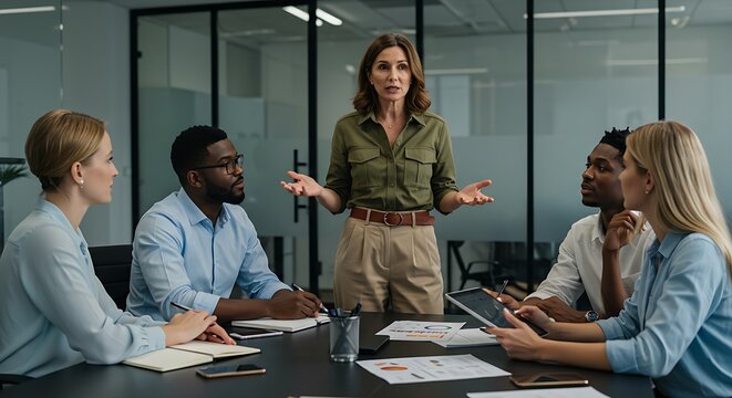 Diverse Group of Colleagues in a Board Meeting Collaborating on Project Management as a Businesswoman Leader Guides the Discussion.