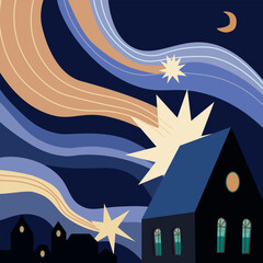 Magical night scene vector: houses under a starry sky