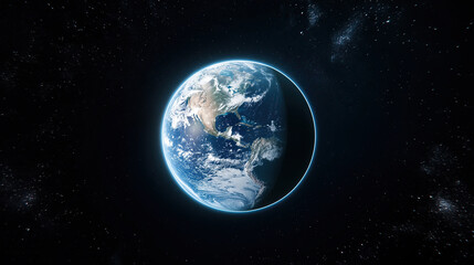 Obraz premium Realistic Earth in Cosmic Space: Blue Oceans, White Clouds, Dark Continents with Gradient Halo, Isolated Arc Light on Black Background