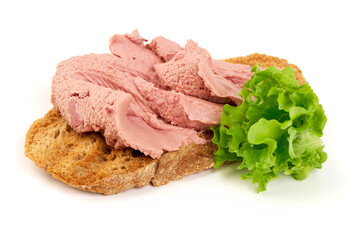 Liverwurst Toast Bread Lettuce, isolated on white background