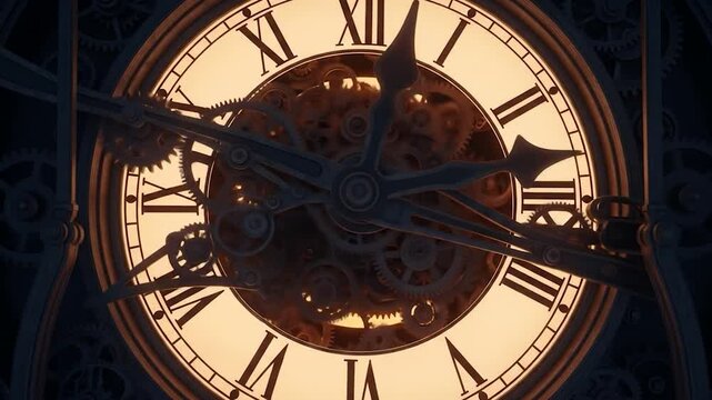 Detailed Animated Clockwork Mechanism with Roman Numerals and Moving Gears