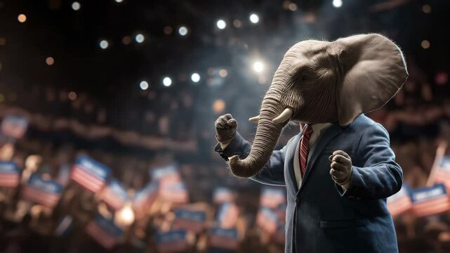 Elefant in Anzug spricht bei politischer Rede am Wahlpult. K&uuml;nstliche Intelligenz KI