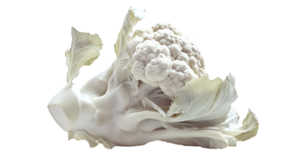 Single large cauliflower head with leaves partially peeled back isolated on transparent background 